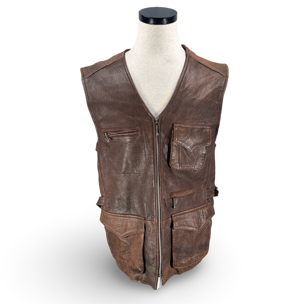 Cedars Brown Leather Utility Tactical Biker Vest Mens Medium Womens Large Zip